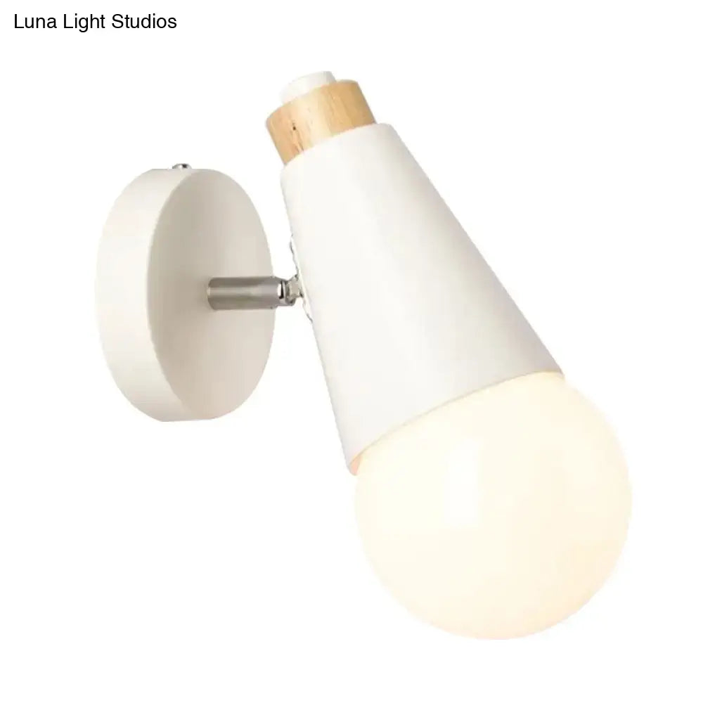 White conical nordic sweet cone wall light with wooden bamboo base and frosted glass bulb for bedroom use