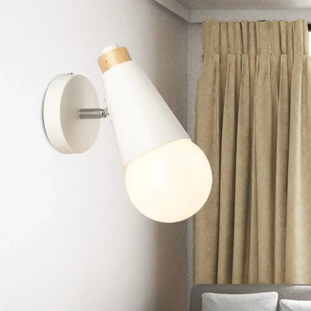 White conical nordic sweet cone wall light with wooden bamboo base and frosted glass bulb for bedroom use