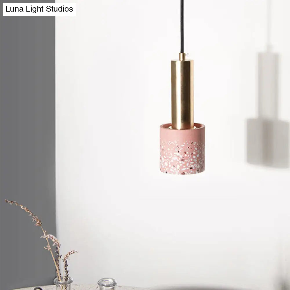 Nordic Terrazzo 1-Light Cylinder Hanging Light for Bedroom Ceiling - White/Black/Pink with Tube Gold Top