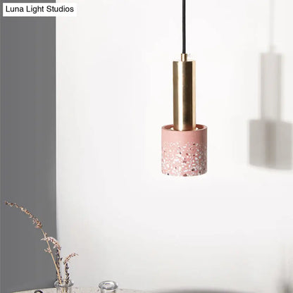 Nordic Terrazzo 1-Light Cylinder Hanging Light for Bedroom Ceiling - White/Black/Pink with Tube Gold Top