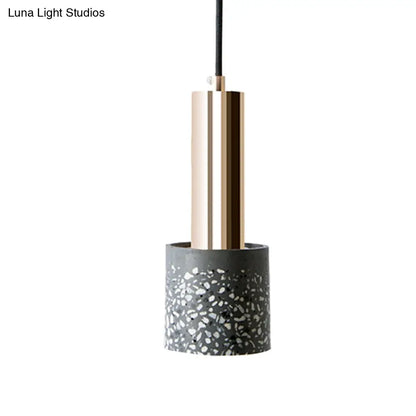 Nordic Terrazzo 1-Light Cylinder Hanging Light for Bedroom Ceiling - White/Black/Pink with Tube Gold Top