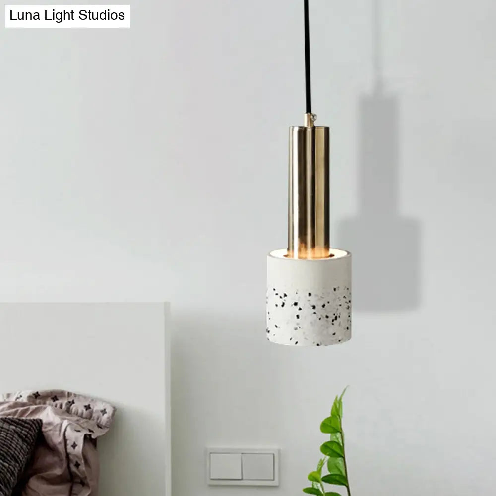 Nordic Terrazzo 1-Light Cylinder Hanging Light for Bedroom Ceiling - White/Black/Pink with Tube Gold Top