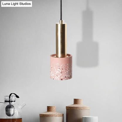 Nordic Terrazzo 1-Light Cylinder Hanging Light for Bedroom Ceiling - White/Black/Pink with Tube Gold Top