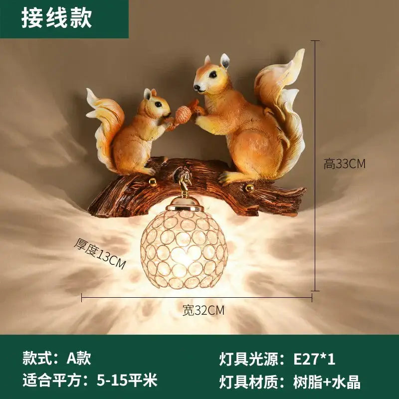Nordic vintage style wall lamp with two brown resin squirrels on a wooden branch and a crystal globe shade