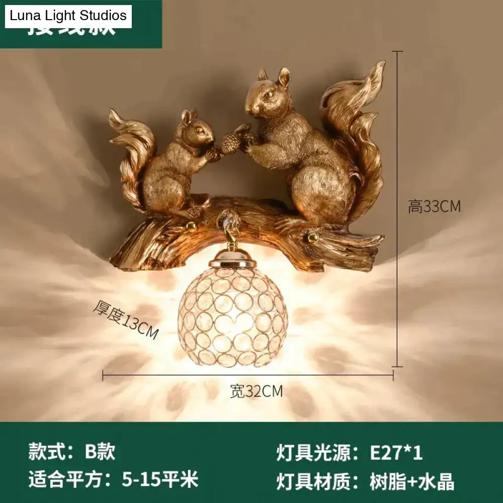 Golden resin vintage style wall lamp featuring a crystal squirrel and textured branch base for nordic bedroom light