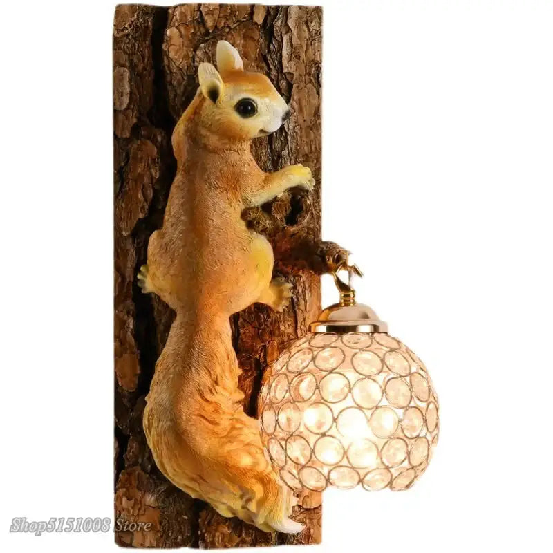 A charming golden-brown nordic vintage style resin squirrel wall lamp mounted on tree bark for bedroom light