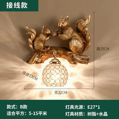 Nordic vintage style resin wall lamp featuring a golden squirrel design and textured spherical glass shade for bedroom use