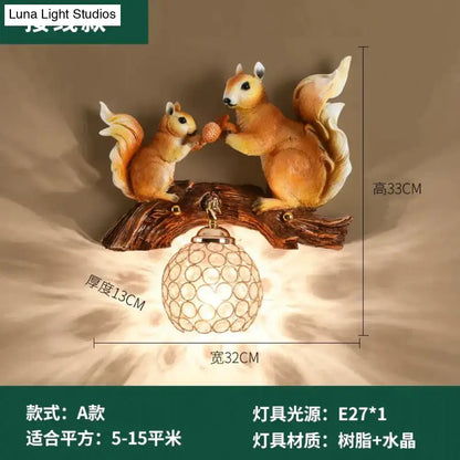 A warm-toned nordic vintage style resin wall lamp with two detailed squirrels on a wooden branch and crystal globe shade