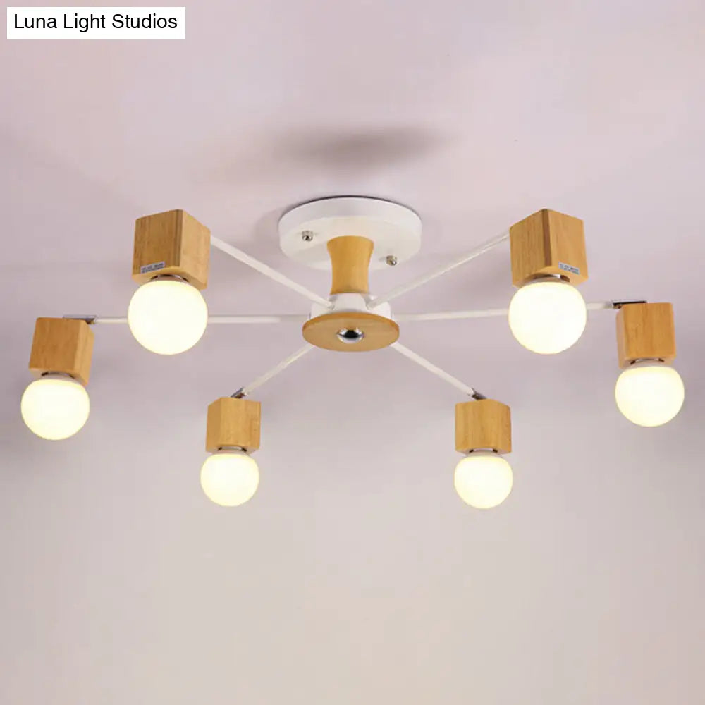 DecorBites™ DecorBites™ Nordic White and Beige Wooden Cube Semi Mount Flush Light with Open Bulb Design