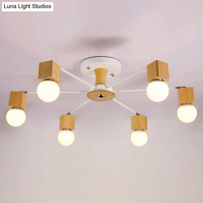 DecorBites™ DecorBites™ Nordic White and Beige Wooden Cube Semi Mount Flush Light with Open Bulb Design