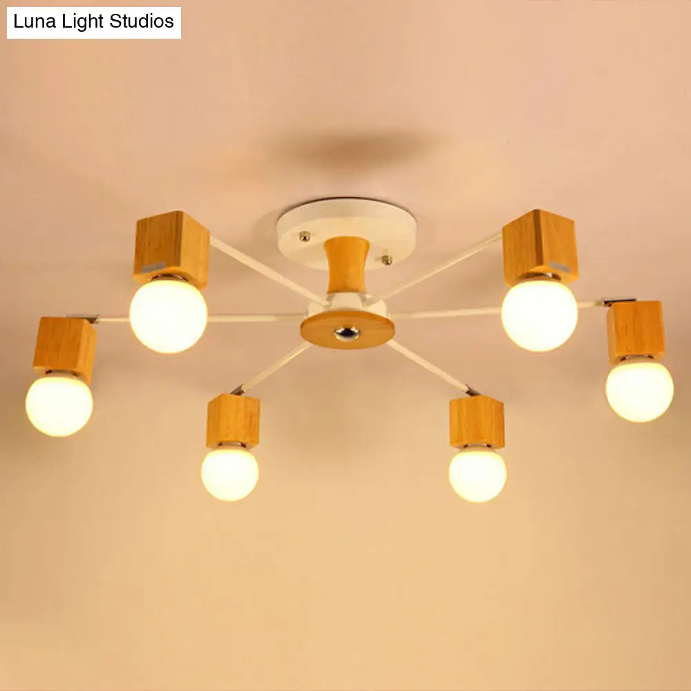 DecorBites™ DecorBites™ Nordic White and Beige Wooden Cube Semi Mount Flush Light with Open Bulb Design