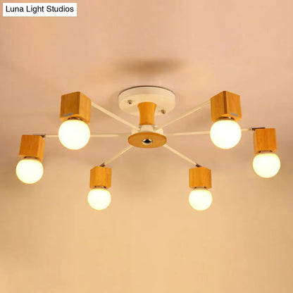 DecorBites™ DecorBites™ Nordic White and Beige Wooden Cube Semi Mount Flush Light with Open Bulb Design