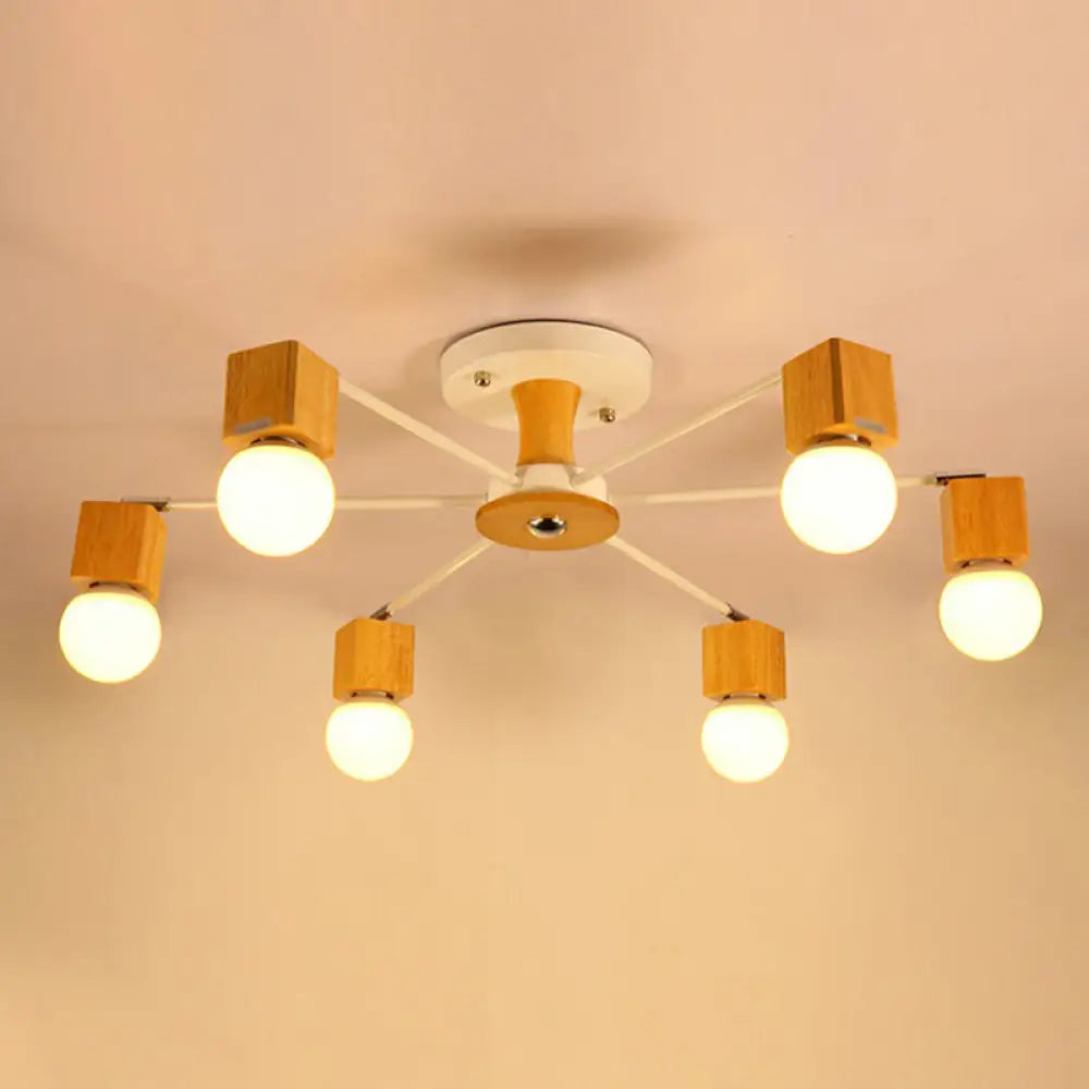 DecorBites™ DecorBites™ Nordic White and Beige Wooden Cube Semi Mount Flush Light with Open Bulb Design