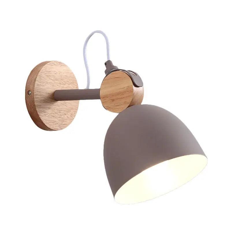 Nordic white and wood wall lamp with angle adjustable domed shade, matte gray metal and natural wood accents for bedroom