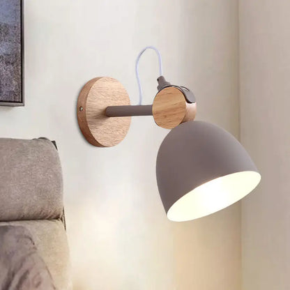 Nordic white and wood wall lamp with angle adjustable matte gray domed shade and wooden base for bedroom use