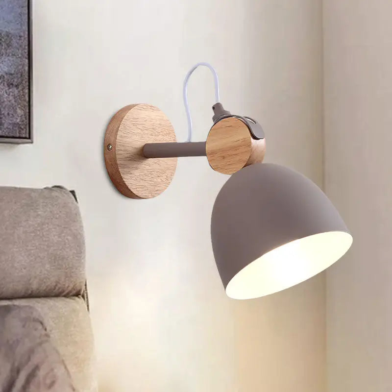 Nordic white and wood wall lamp with angle adjustable matte gray domed shade and wooden base for bedroom use