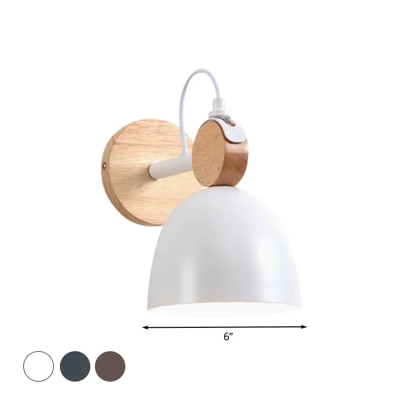 Nordic white and wood wall lamp with angle adjustable white matte domed shade and natural wood backplate for bedroom