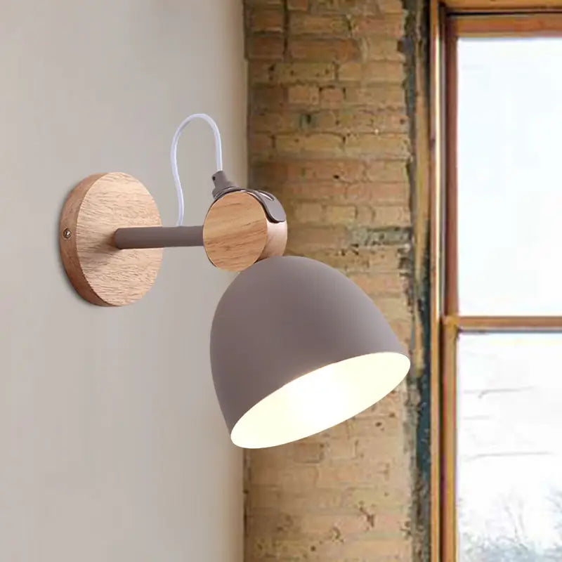 Nordic white and wood wall lamp with angle adjustable matte gray domed shade and wooden base for bedroom lighting