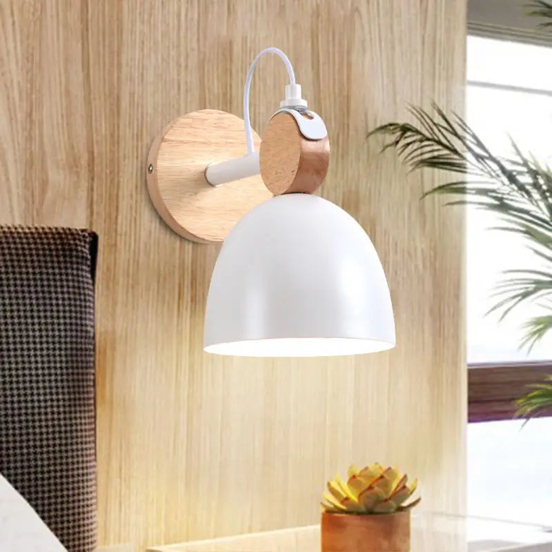 Nordic white and wood wall lamp with angle adjustable domed shade and cork accent for modern bedroom lighting