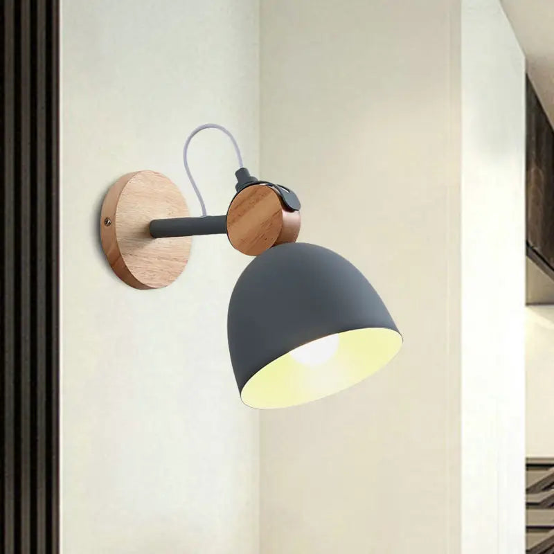 Nordic white and wood wall lamp with angle adjustable matte gray domed shade and natural wood accents for bedroom