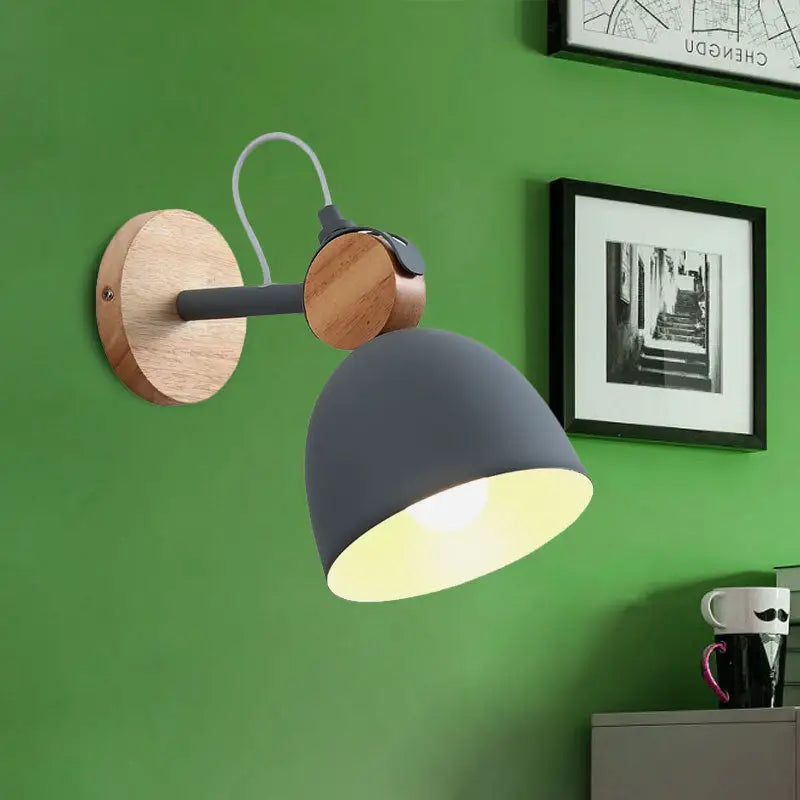 Modern nordic white and wood wall lamp with angle adjustable matte gray domed shade and wooden arm accents for bedroom