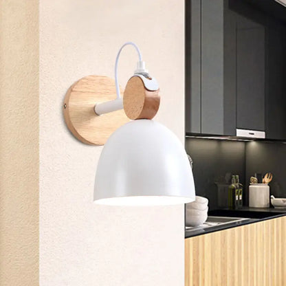 Nordic white and wood wall lamp with angle adjustable domed shade natural wood base and white cord for bedroom