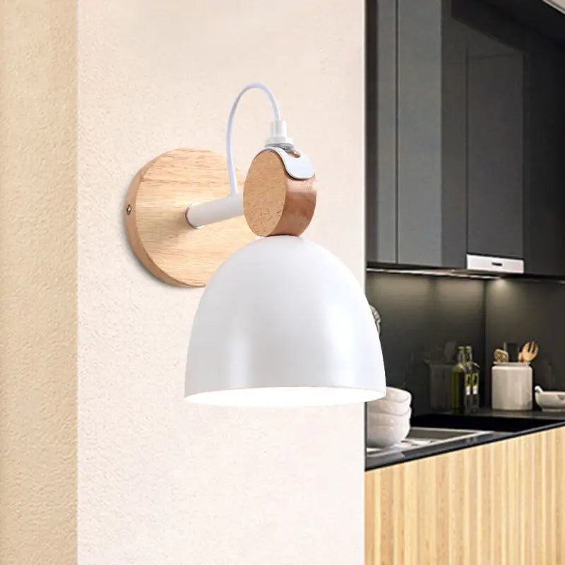 Nordic white and wood wall lamp with angle adjustable domed shade natural wood base and white cord for bedroom