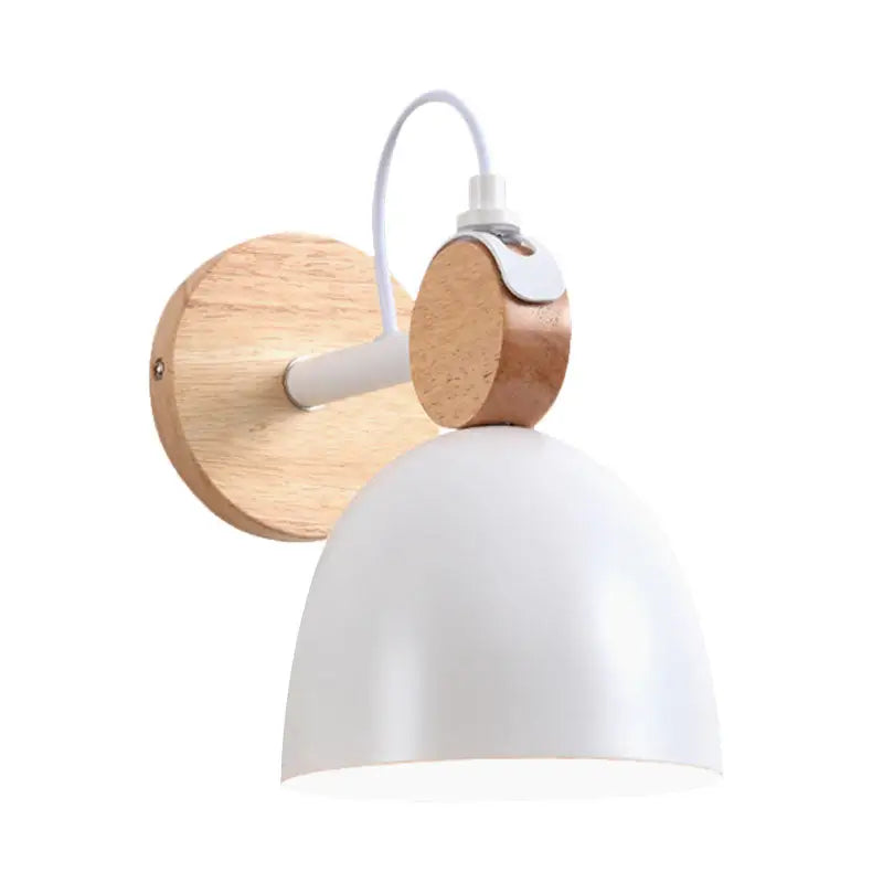 Nordic white and wood wall lamp with angle adjustable domed shade, natural wood backplate, and cork accent for bedroom