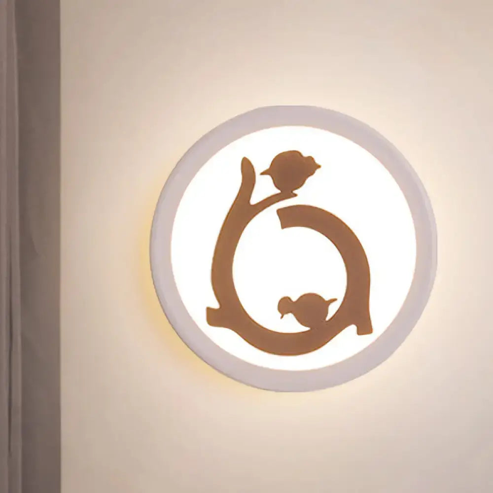 Nordic white and brown bird led wall sconce with circular inch fixture and illuminated face for bedroom lighting