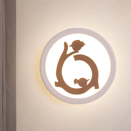 Nordic white and brown bird led wall sconce with circular inch fixture and illuminated face for bedroom lighting