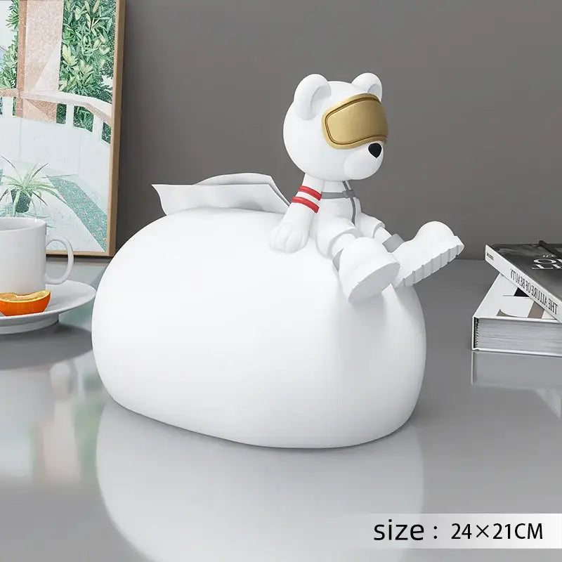 Nordic white ceramic bear statues tissue box holder with gold visor and red-striped sleeves for living room decor