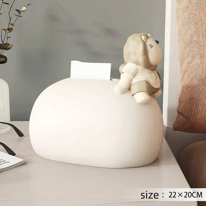 Cream-colored ceramic tissue box with smooth surface and small beige bear statues tissue decoration for living room decor