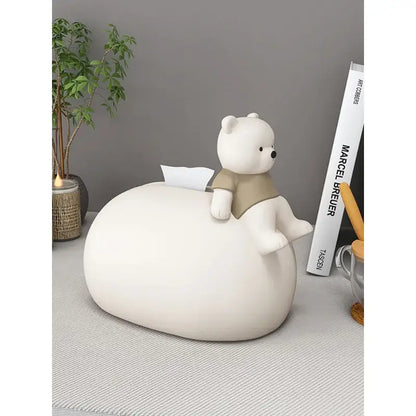 Cute white ceramic tissue box with a small beige shirt bear statue sitting atop for living room decor bear statues tissue