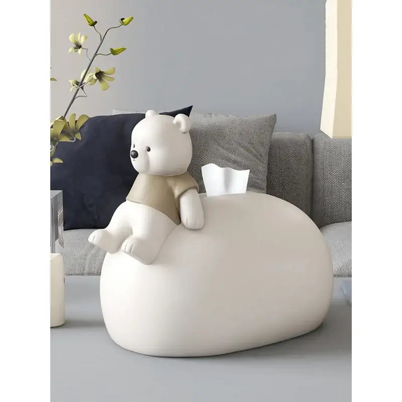 Cute white ceramic bear statues tissue box holder with beige shirt for nordic living room decor