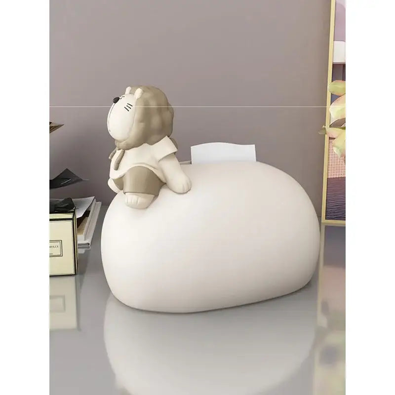 Cute beige lion figurine on smooth white ceramic tissue box holder for bear statues tissue living room decor