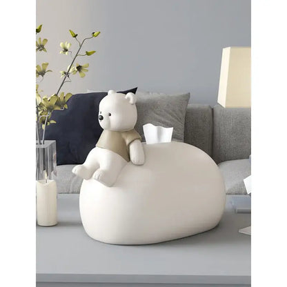 Nordic white ceramic tissue box with a sitting bear figurine in beige shorts for living room decor bear statues tissue