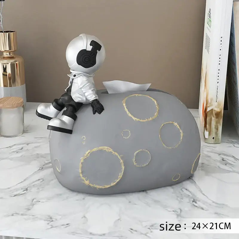Gray moon-shaped tissue box with silver astronaut and gold accents for Nordic white ceramic bear statues tissue box decor