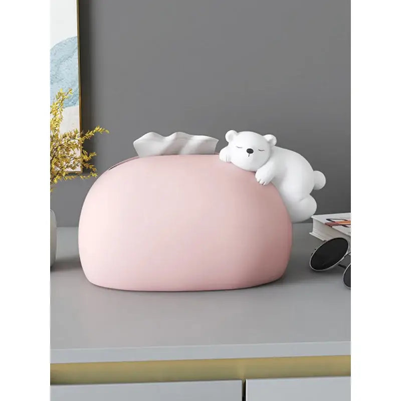 Pink tissue box with a white nordic ceramic bear statue resting on top for living room bear statues tissue decor