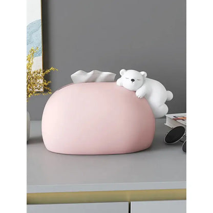 Pink tissue box with a white nordic ceramic bear statue resting on top for living room bear statues tissue decor