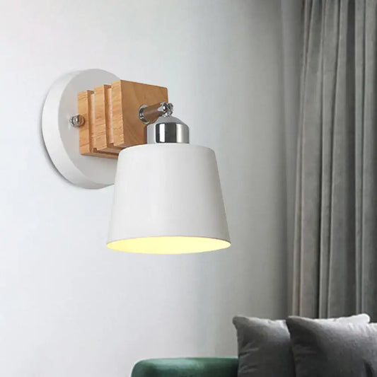Nordic white ceramic rotatable wall lamp with chrome stem and wooden accent mounted on circular white wall plate