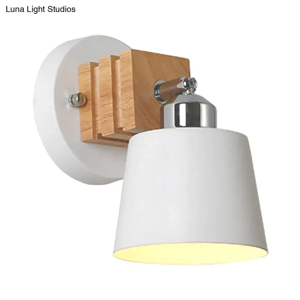Nordic white ceramic wall lamp with chrome arm and wooden slat accent mounted on a circular white backplate