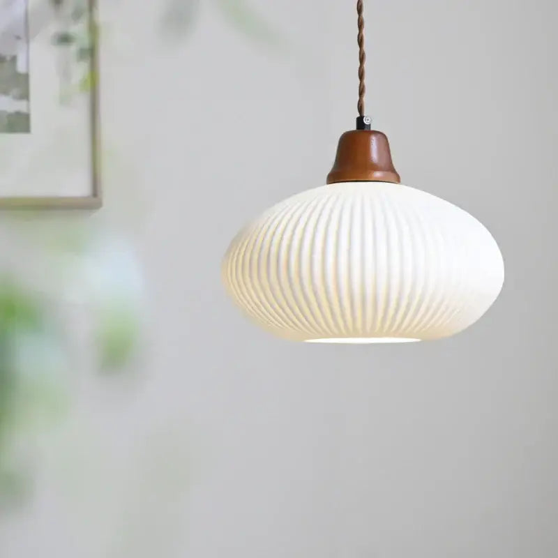 Nordic white glass pendant light with ribbed design and decorbites brown wood led top for dining room decor