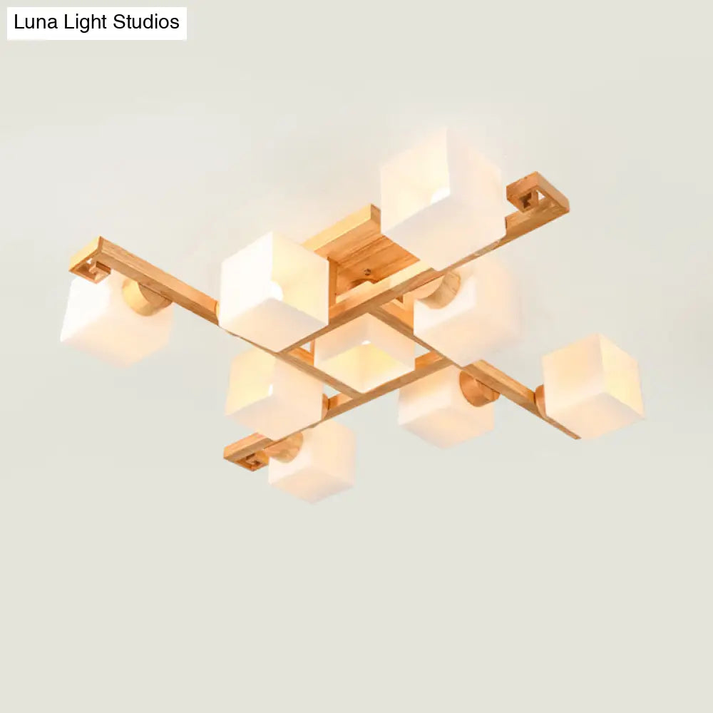 DecorBites™ DecorBites™ Nordic White Glass Cube Semi Flush Mount Ceiling Light with Wooden Canopy
