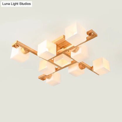 DecorBites™ DecorBites™ Nordic White Glass Cube Semi Flush Mount Ceiling Light with Wooden Canopy