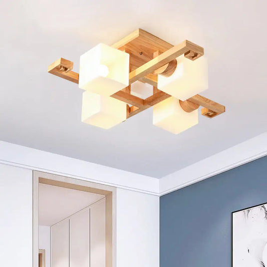 DecorBites™ DecorBites™ Nordic White Glass Cube Semi Flush Mount Ceiling Light with Wooden Canopy