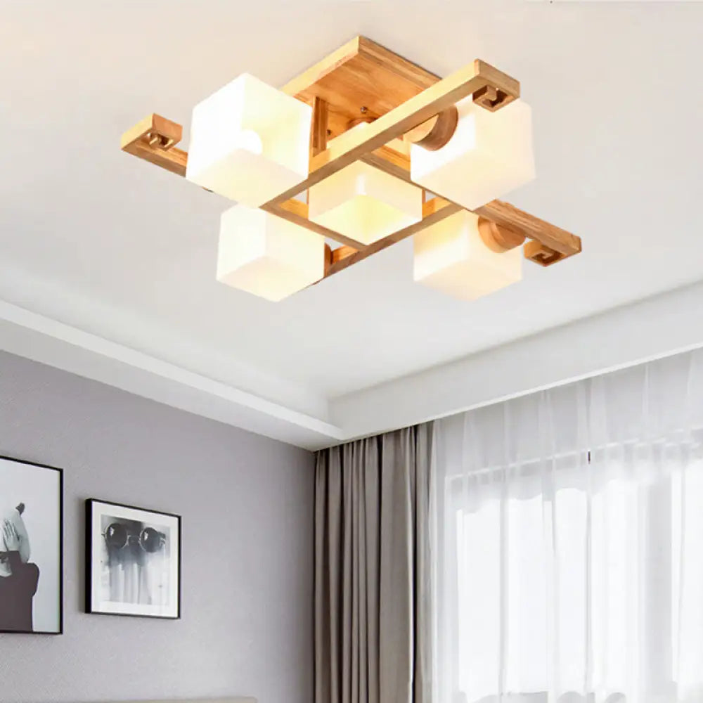 DecorBites™ DecorBites™ Nordic White Glass Cube Semi Flush Mount Ceiling Light with Wooden Canopy