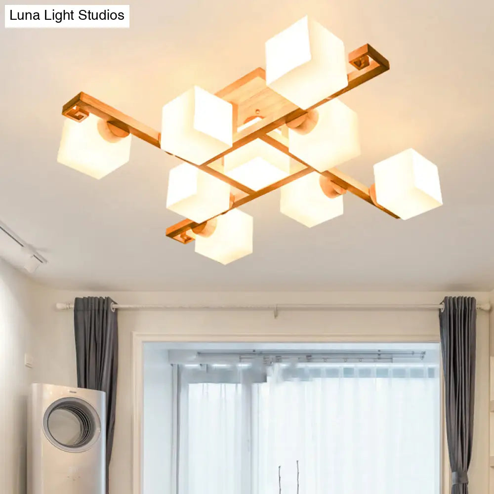 DecorBites™ DecorBites™ Nordic White Glass Cube Semi Flush Mount Ceiling Light with Wooden Canopy