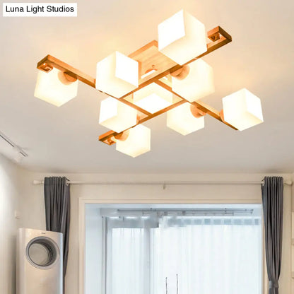 DecorBites™ DecorBites™ Nordic White Glass Cube Semi Flush Mount Ceiling Light with Wooden Canopy