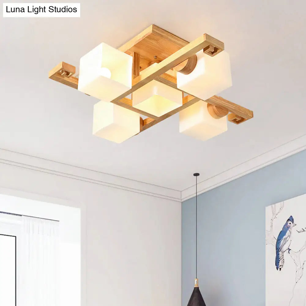 DecorBites™ DecorBites™ Nordic White Glass Cube Semi Flush Mount Ceiling Light with Wooden Canopy