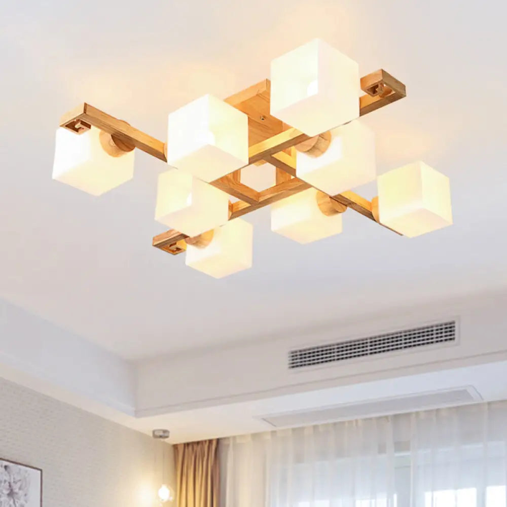 DecorBites™ DecorBites™ Nordic White Glass Cube Semi Flush Mount Ceiling Light with Wooden Canopy